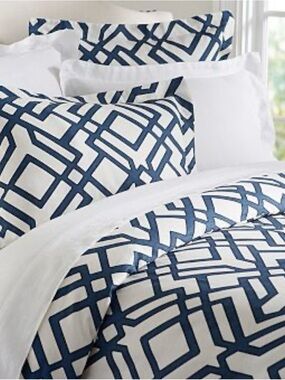 Pottery Barn Duvet Cover Linen Cotton Blend Shelby Geo White Blue Full/Queen